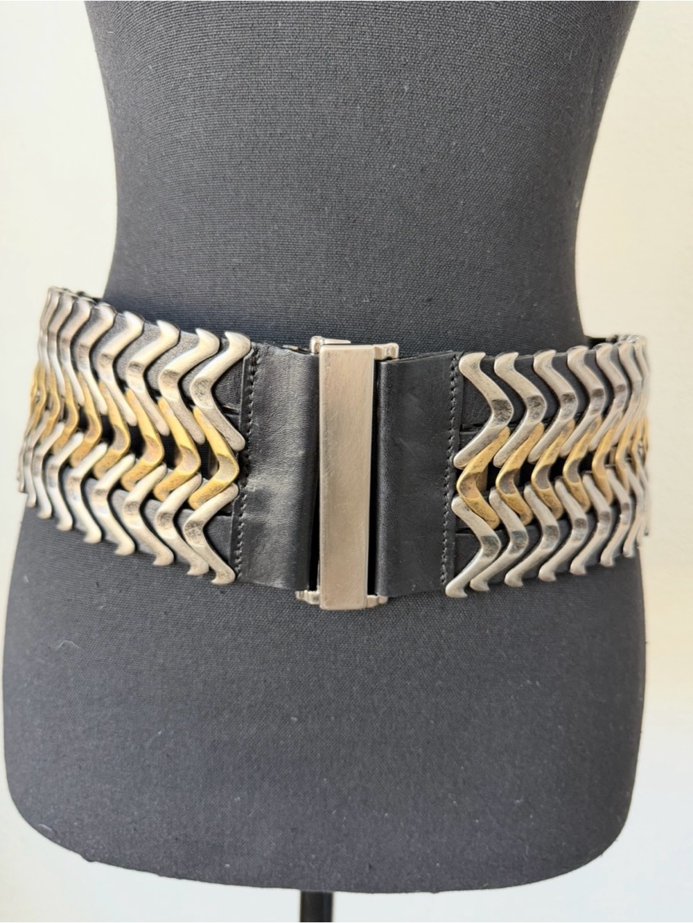BRAVE Wide Black Leather Waist Belt with Silver and Gold Chevron Accents size S